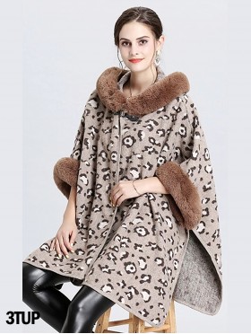 Soft Leopard Print Cape W/ Fur Detailing